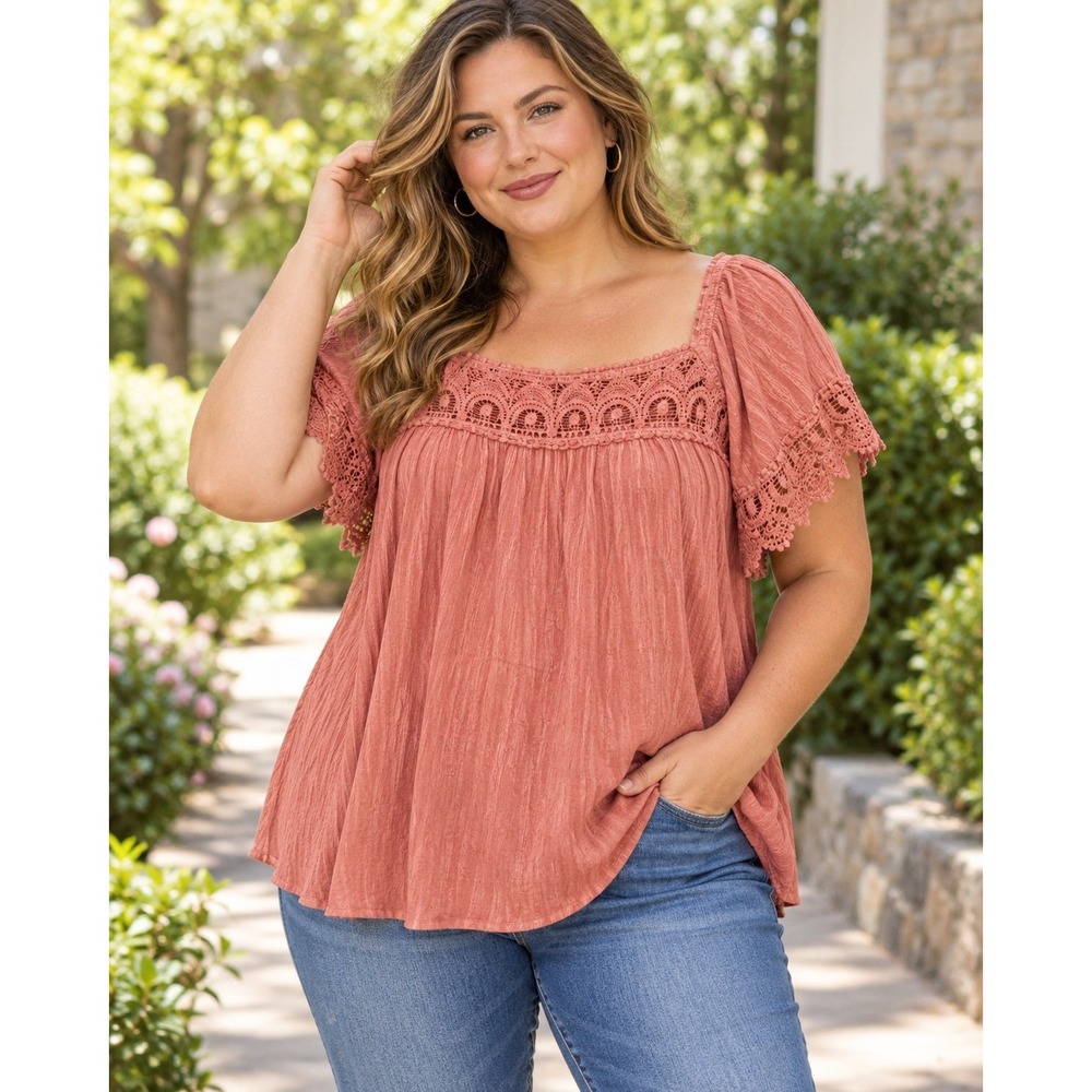 Cato 18/20W Dusty Rose Crochet Lace Boho Flowy Tunic Top Plus Size Cotton